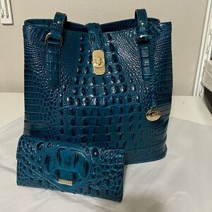 LKNW Brahmin Juniper Fiora Bucket & Veronica Wallet Teal Melbourne Leather Set